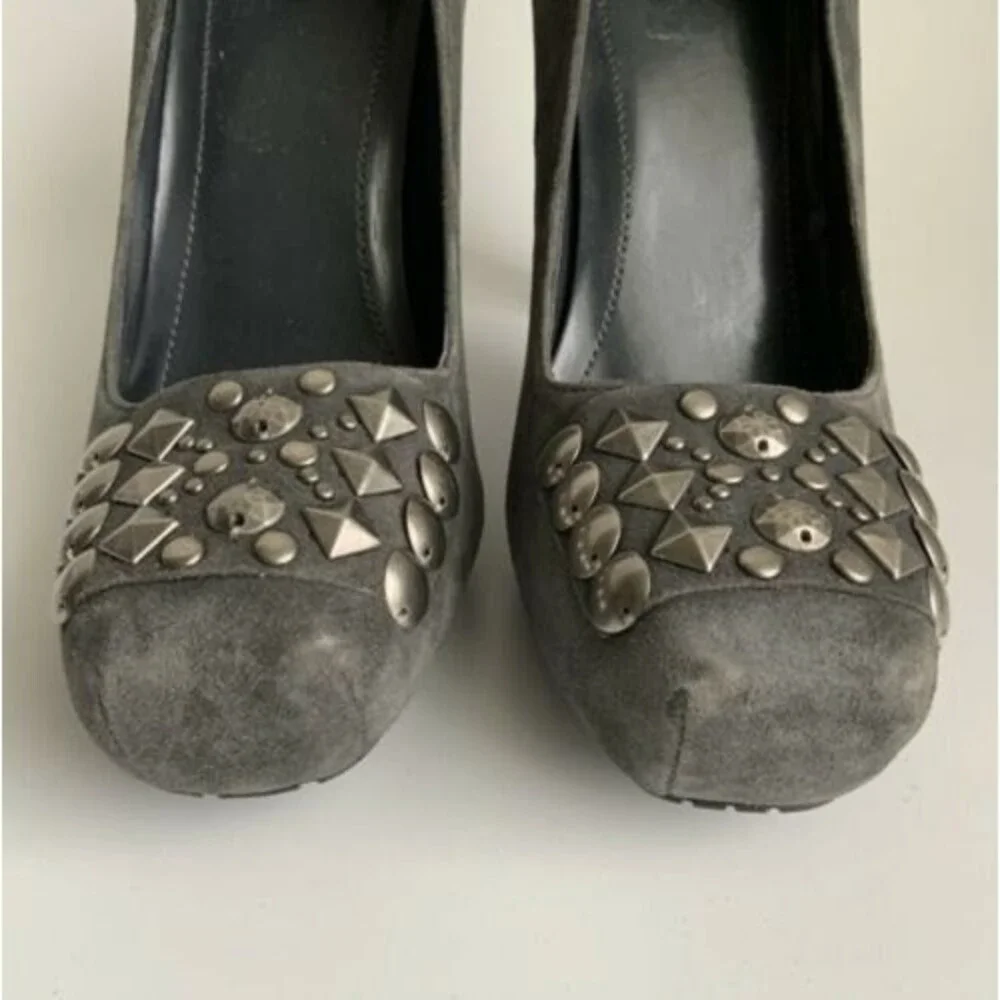 BCBG Galena Suede Square-toe Embellished Heels Gray 7.5